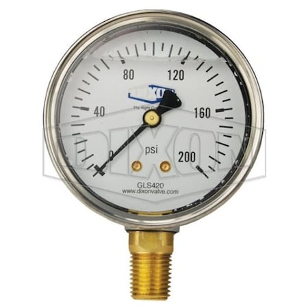 Dixon Gauge, 0 to 15 psi, 1/4 in NPT Connection, 2-1/2 in Dial, +/- 3-2-3 %, Glycerin Liquid Filled GLS400